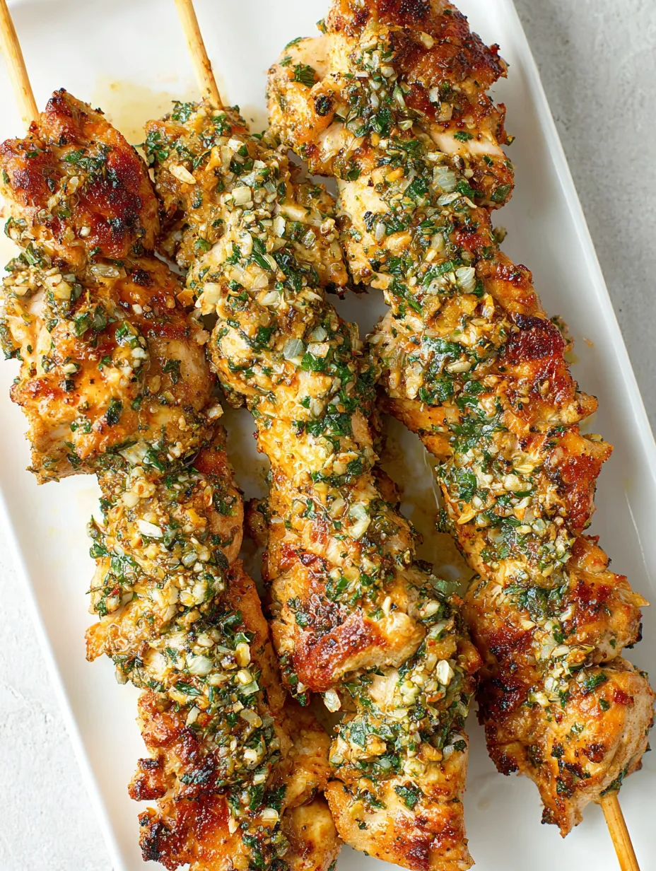 A plate of chicken skewers with a spicy sauce.