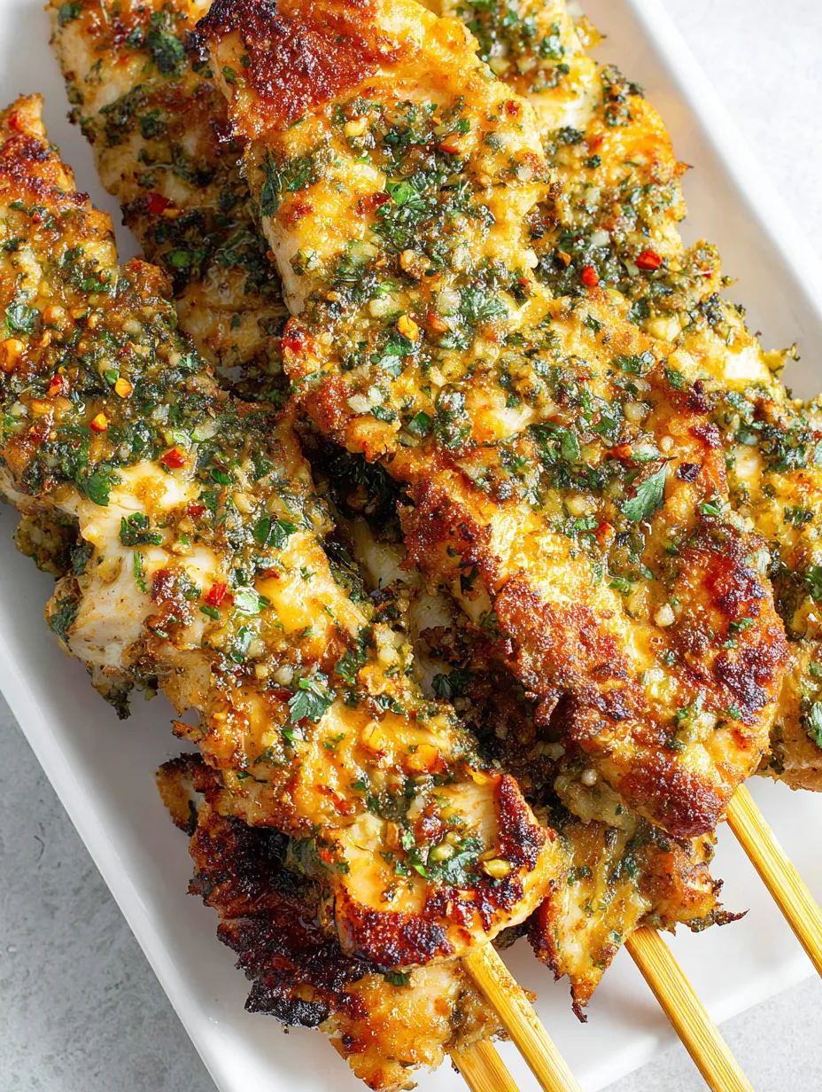A plate of chicken skewers with a green toothpick.