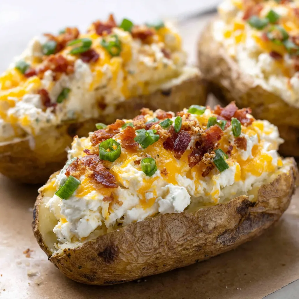 Twice baked potatoes with bacon and cheese.