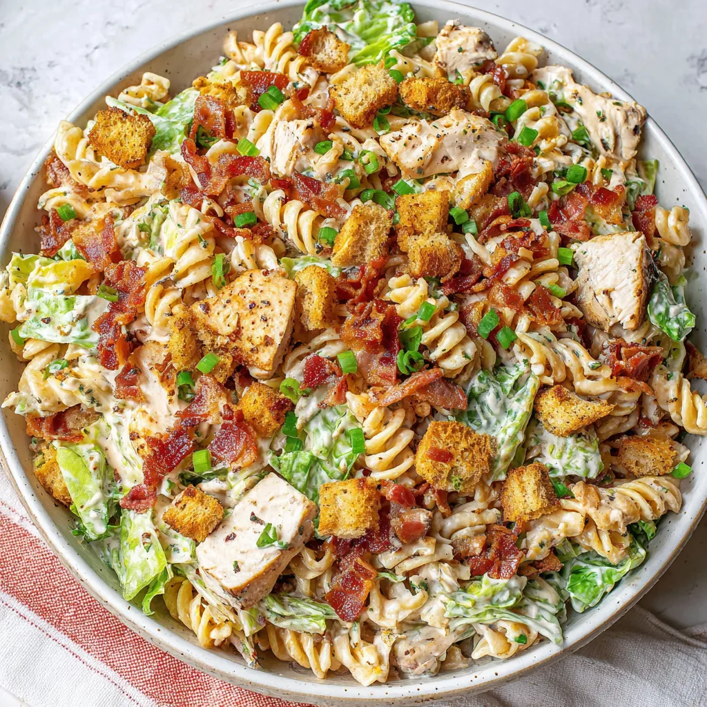 A bowl of chicken bacon ranch pasta salad.