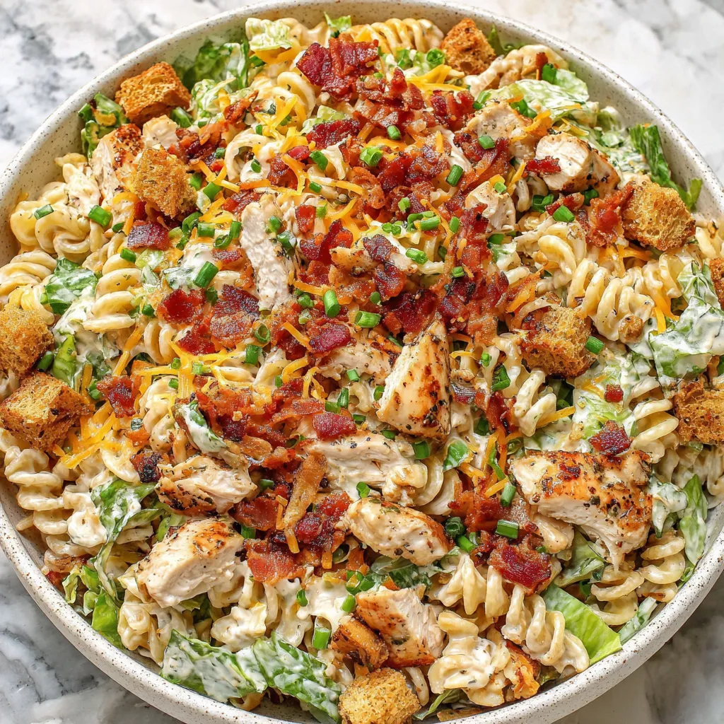 A bowl of chicken bacon ranch pasta salad.
