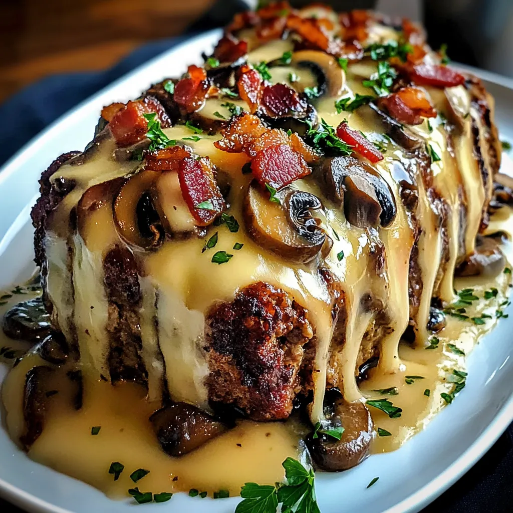 A plate of mushroom swiss cheese meatloaf.