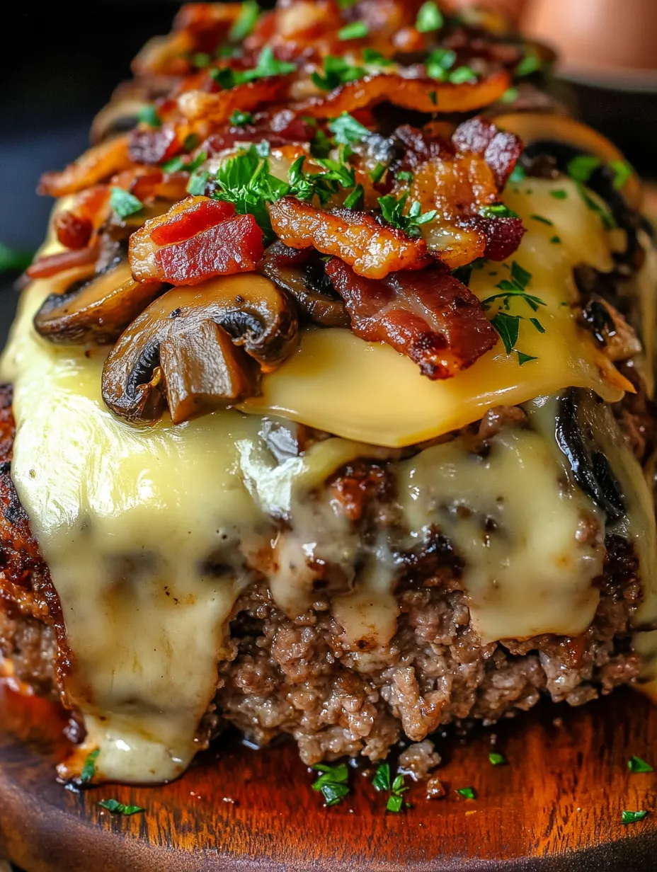 A close up of a mushroom Swiss cheese meatloaf.