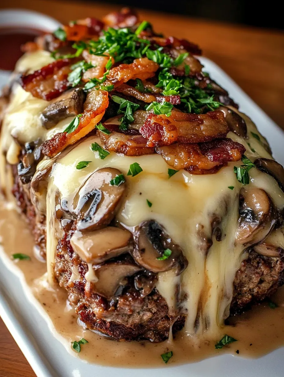A close up of a mushroom swiss cheese meatloaf.