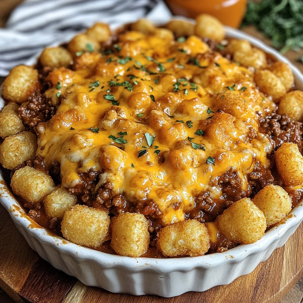 A dish of sloppy joe tater tot casserole.