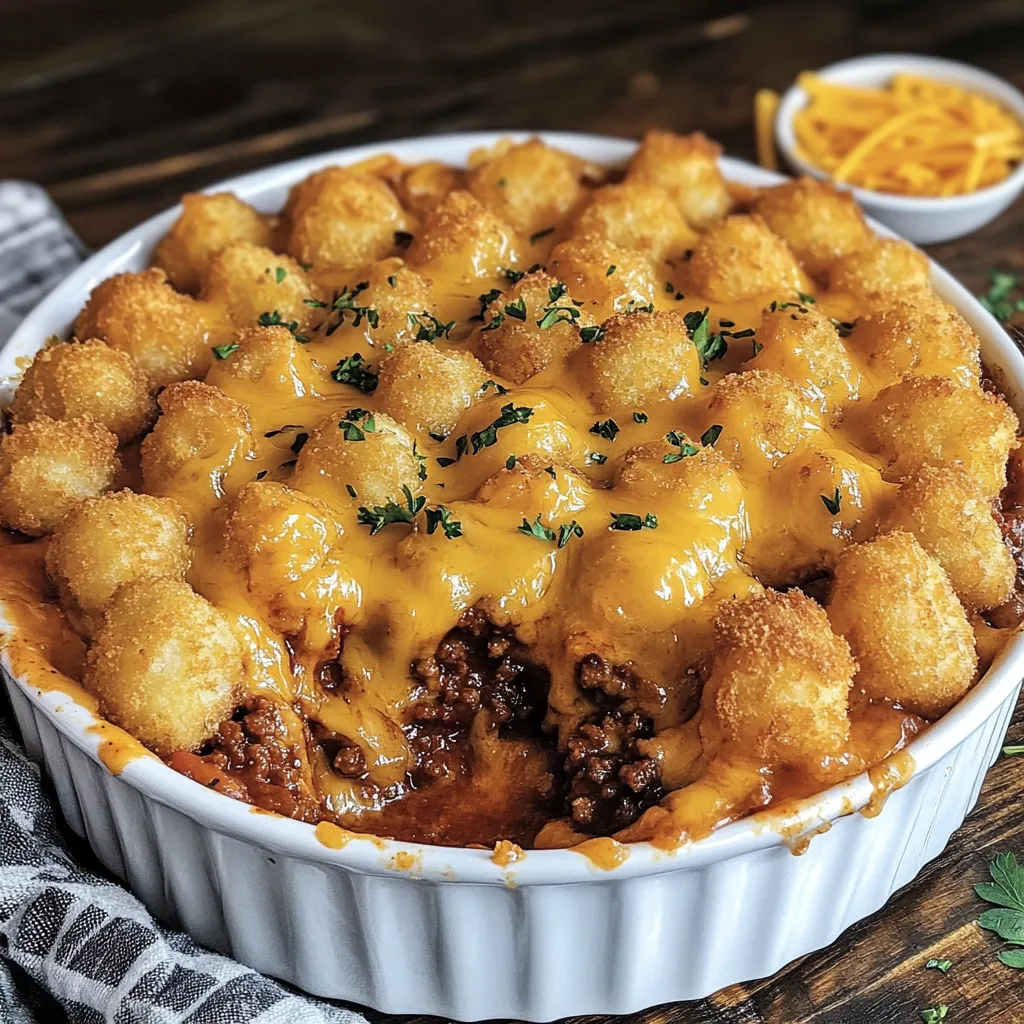 A white bowl filled with a sloppy joe tater tot casserole.