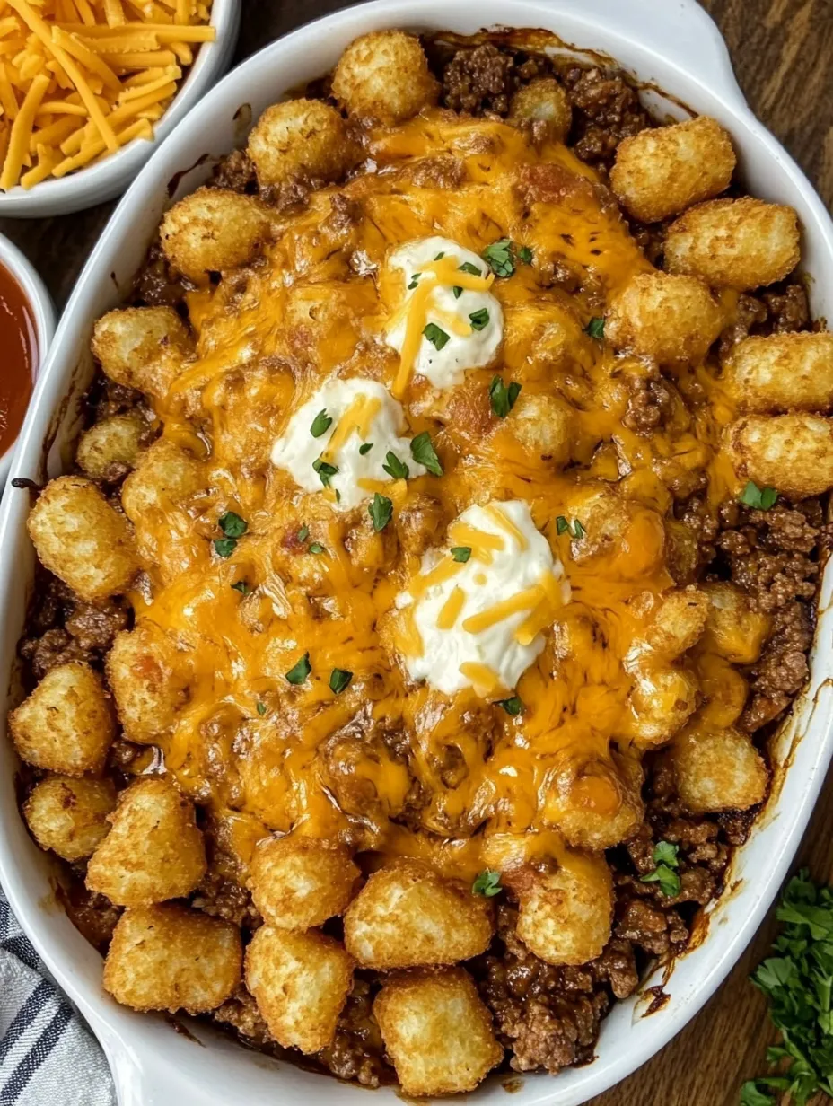 A sloppy joe tater tot casserole with cheese on top.