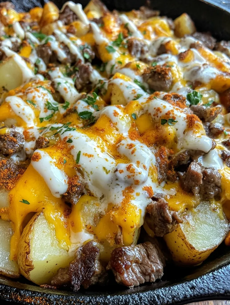A close up of a delicious cheesesteak potato skillet dinner.