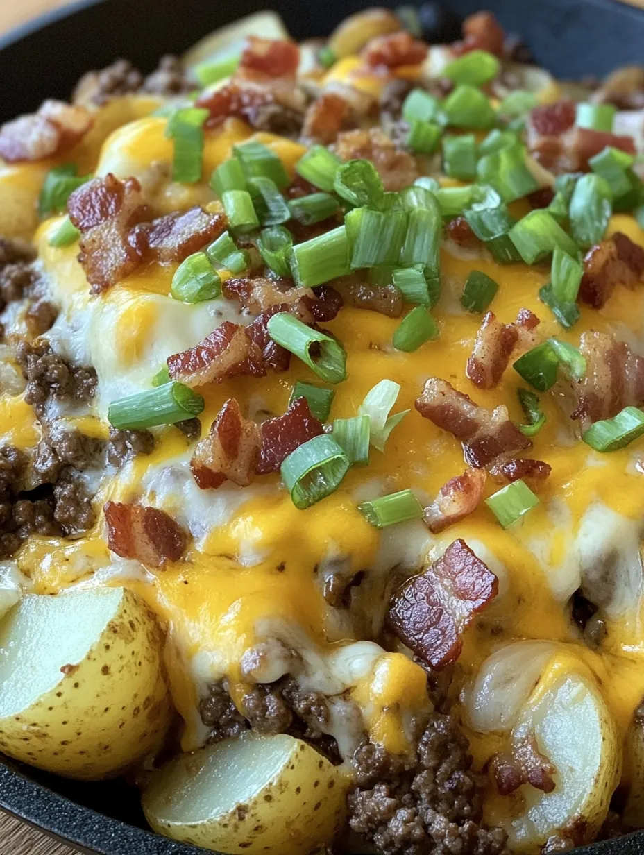 A cheesesteak potato skillet dinner with bacon and cheese.