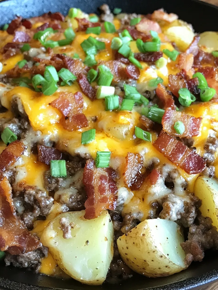 A close up of a cheesesteak potato skillet dinner.