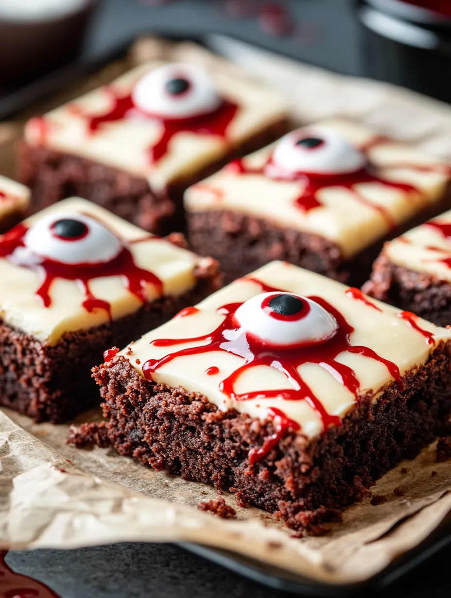 A close up of a chocolate brownie with a red substance drizzled on top and a white substance on the bottom.