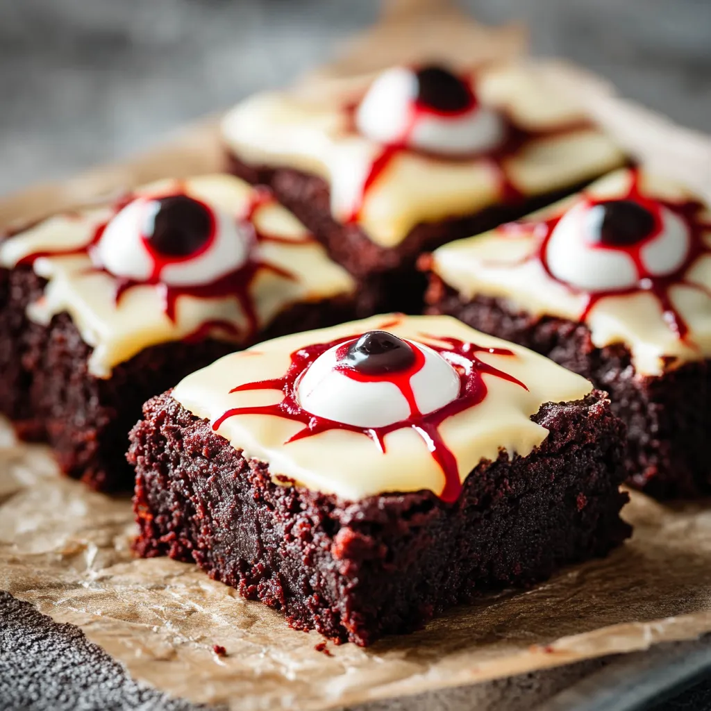 A close up of a chocolate brownie with white frosting and red icing.