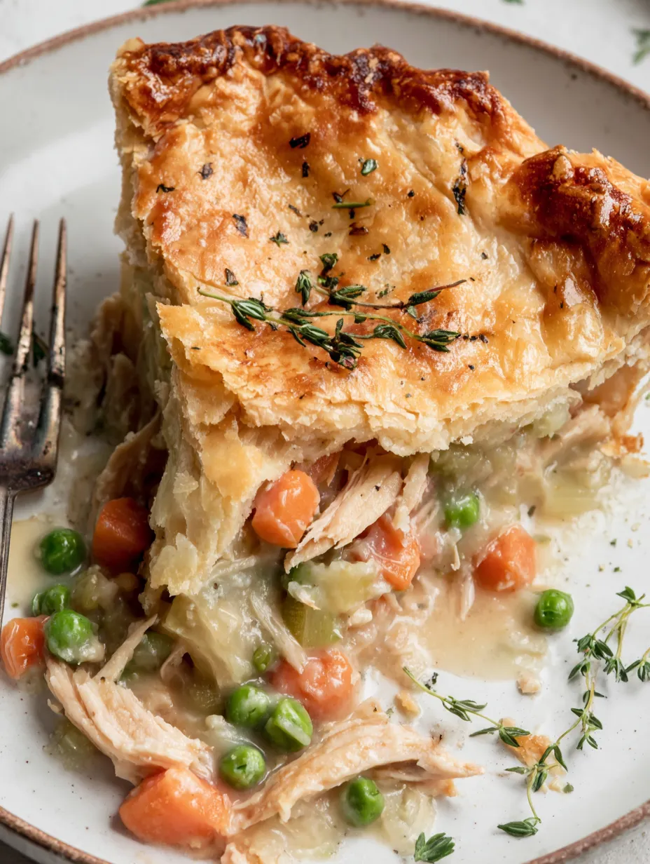 A slice of chicken pot pie with a fork.