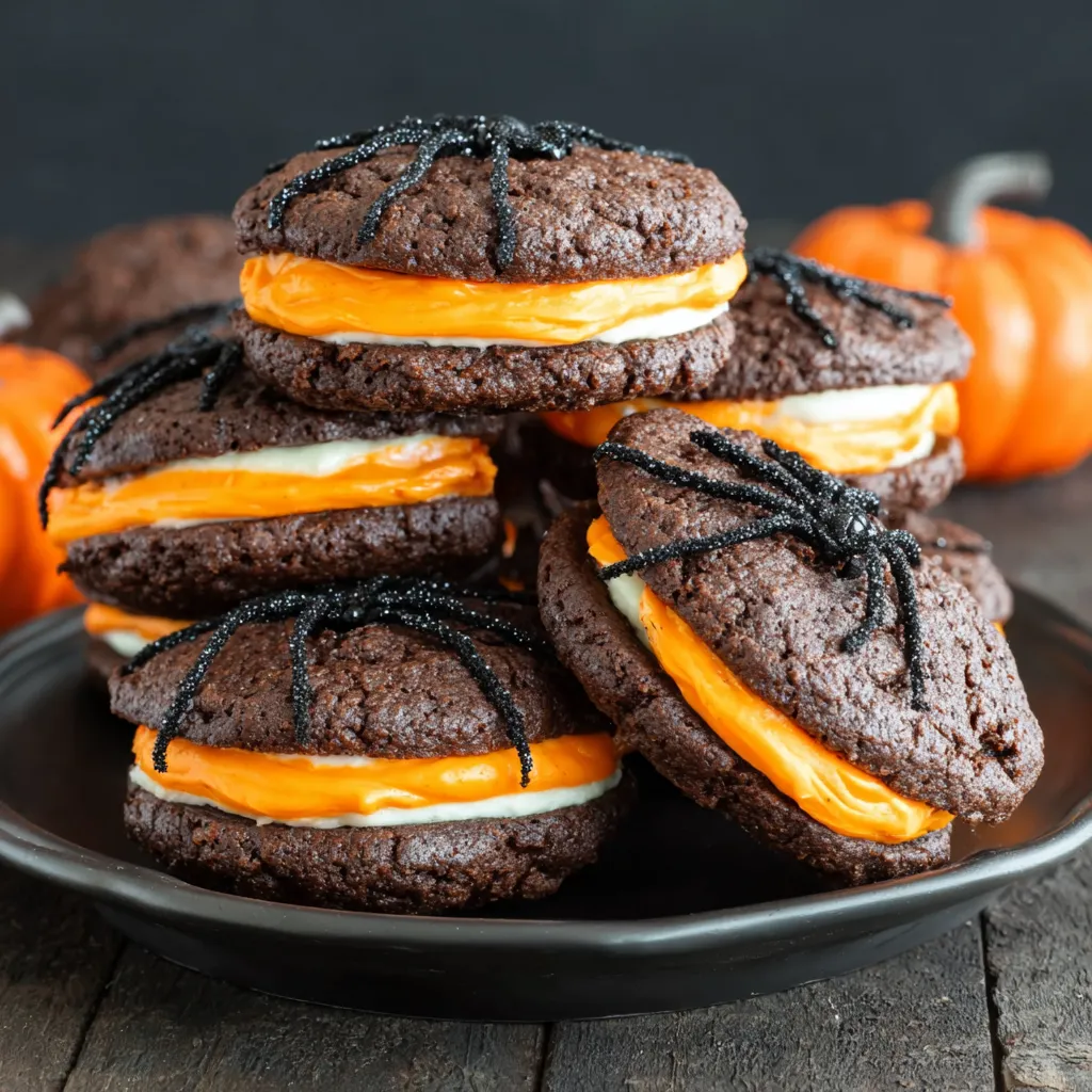 Halloween whoopie pies stacked on a plate.