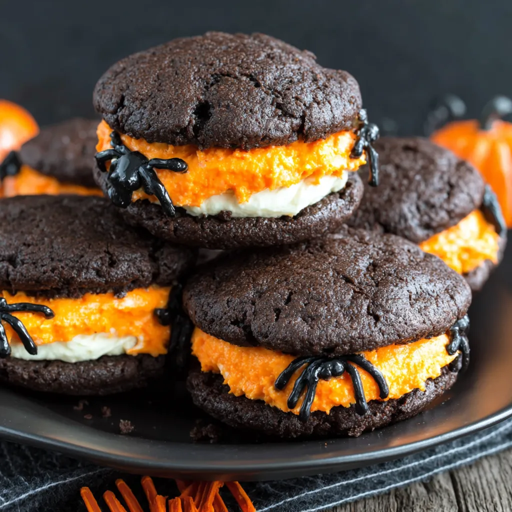 Halloween whoopie pies with orange frosting and black icing.