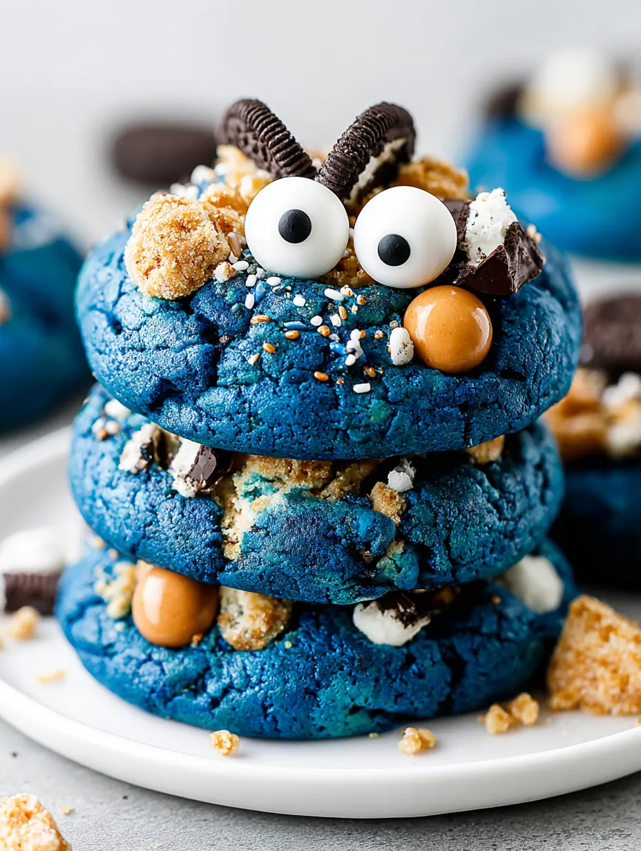 A stack of blue cookies with chocolate chips and peanut butter.