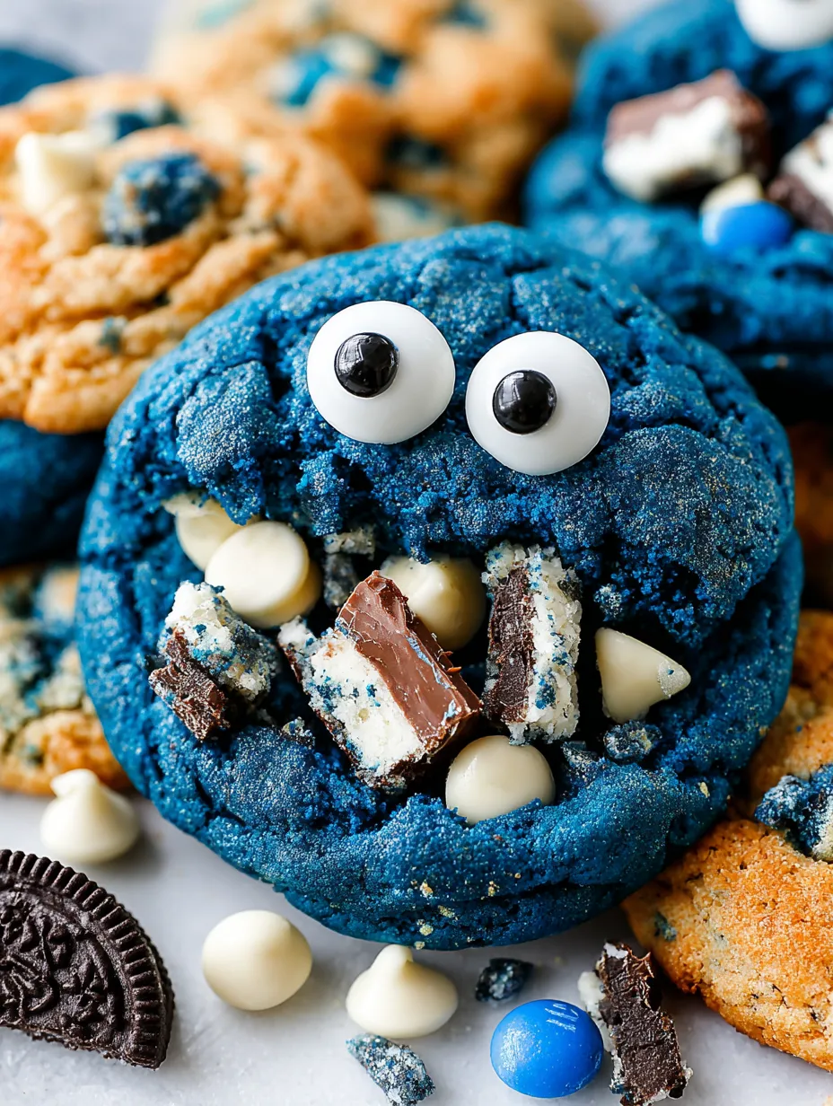A blue cookie monster cookie with white chocolate chips.