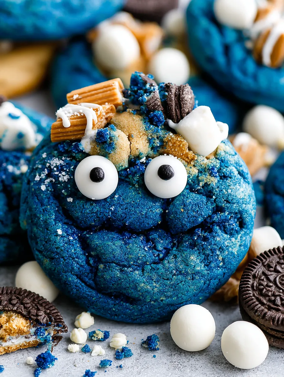 A blue cookie monster cookie with white icing and marshmallows.
