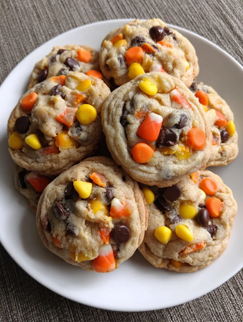 A plate of Halloween cookies with candy corn and chocolate chips.