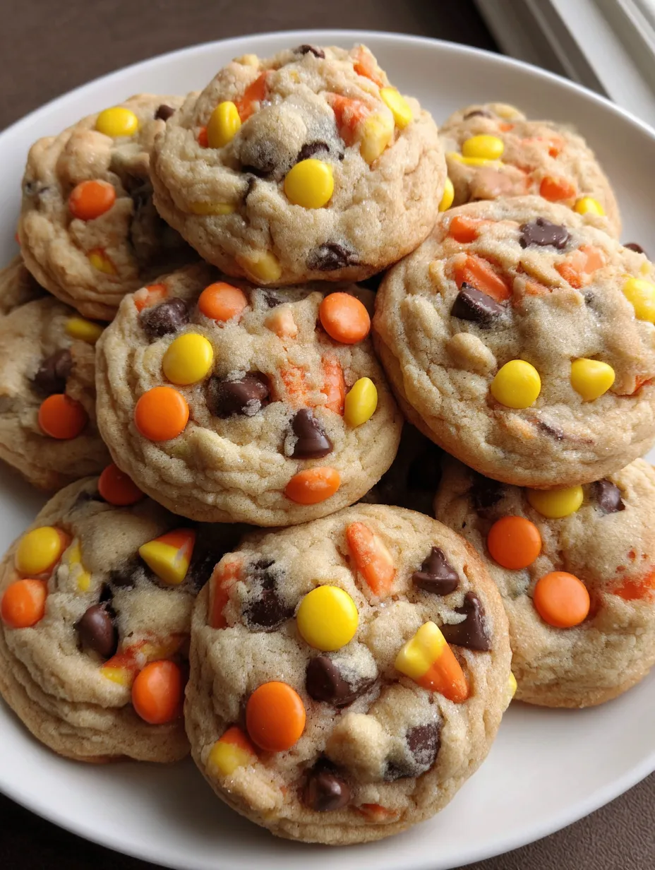 A plate of cookies with orange and yellow candies.