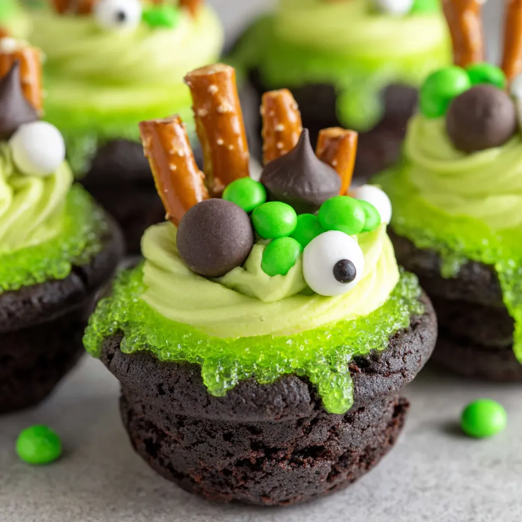 A cupcake with green eyes and a green face.