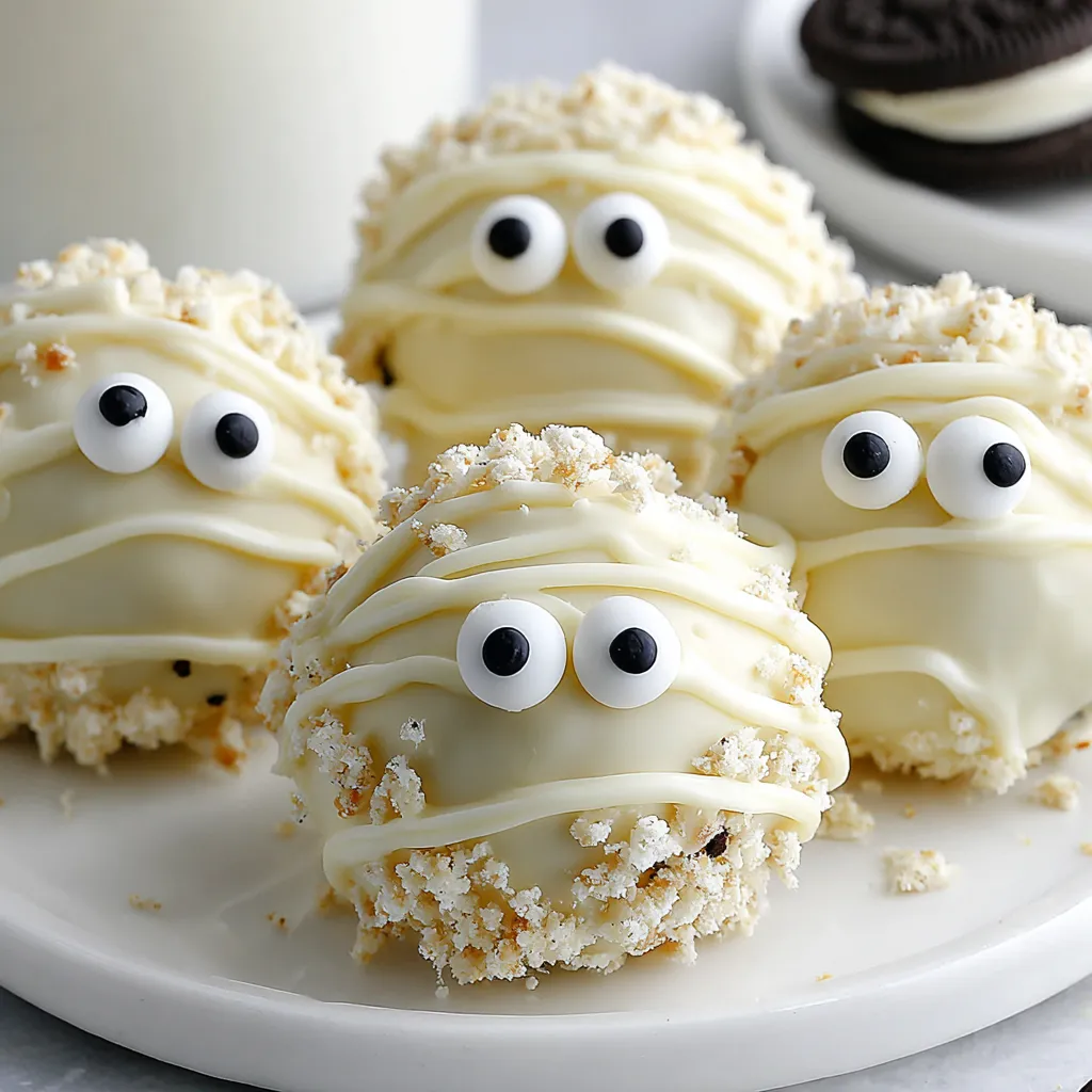 Mummy Oreo Balls on a plate.