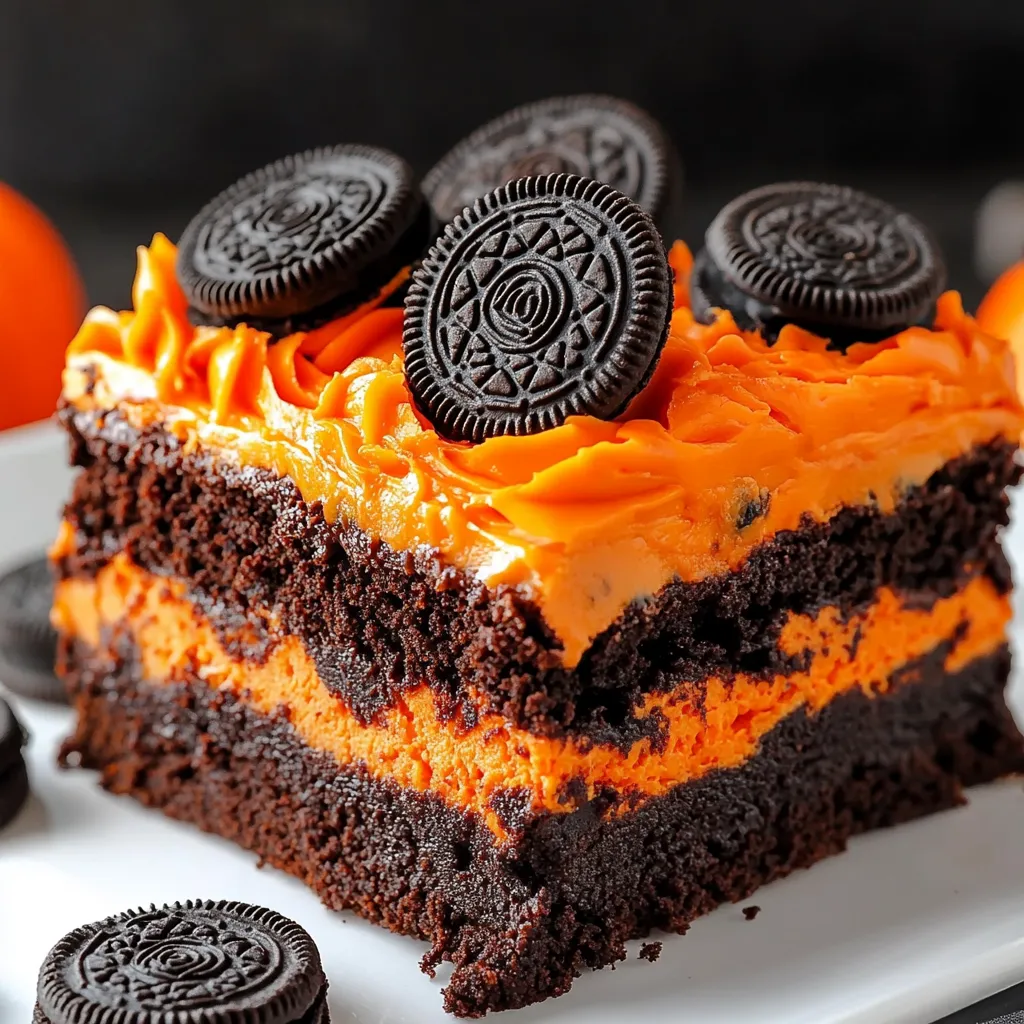 A slice of Oreo layered Halloween brownies.