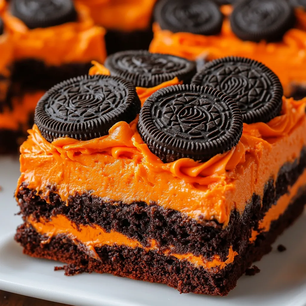 A slice of Oreo layered Halloween brownies.