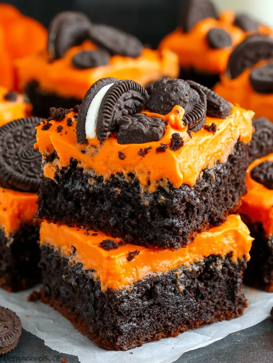 A close up of a delicious looking Oreo layered Halloween brownie.