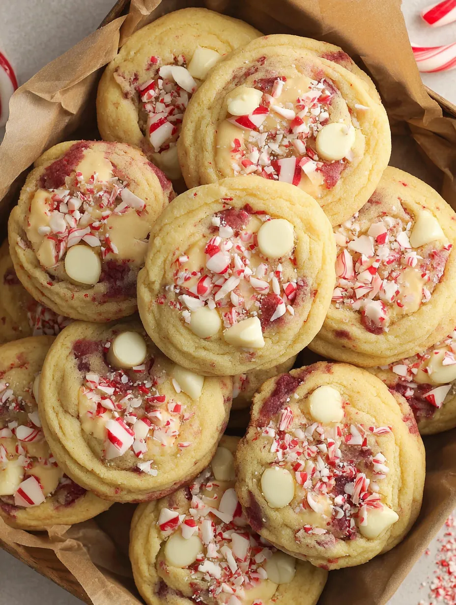 A plate of white chocolate peppermint cheesecake cookies.
