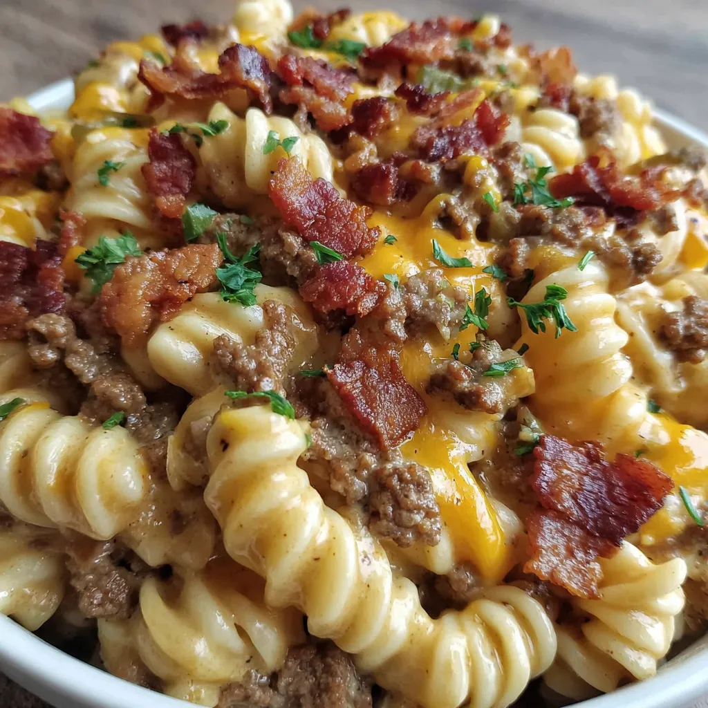 A bowl of pasta with bacon and cheese.