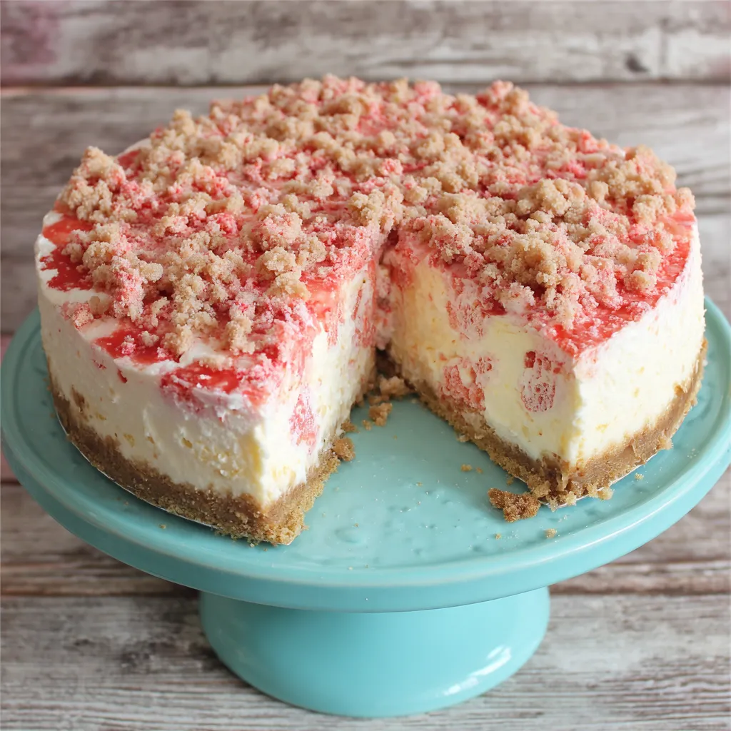 A slice of strawberry crunch cheesecake on a plate.