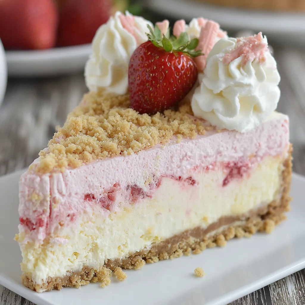 A slice of strawberry crunch cheesecake on a plate.
