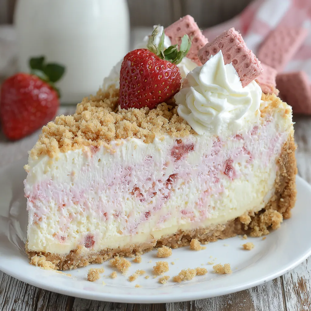 A slice of strawberry crunch cheesecake on a plate.
