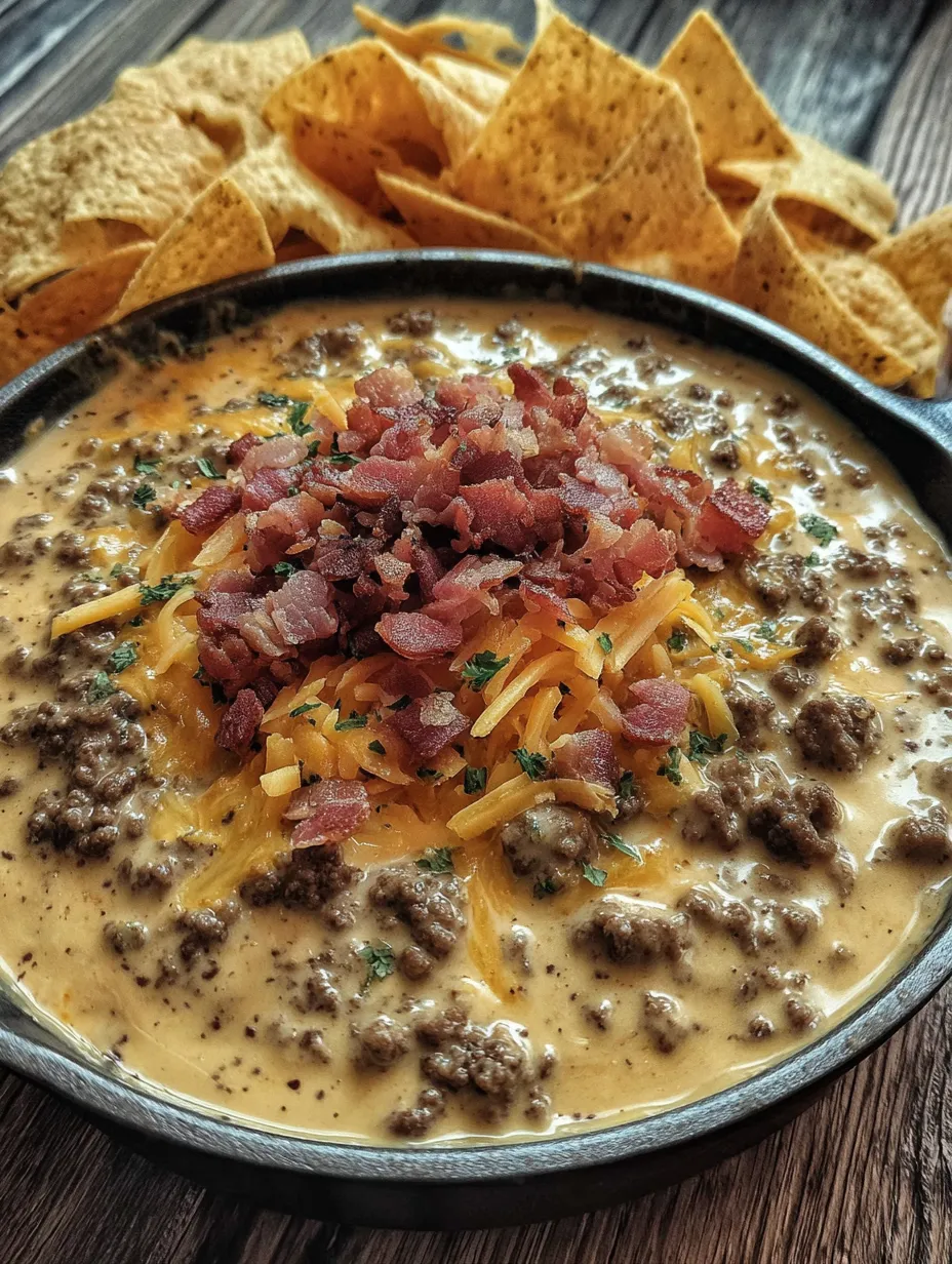 A bowl of sizzling bacon cheeseburger queso dip.
