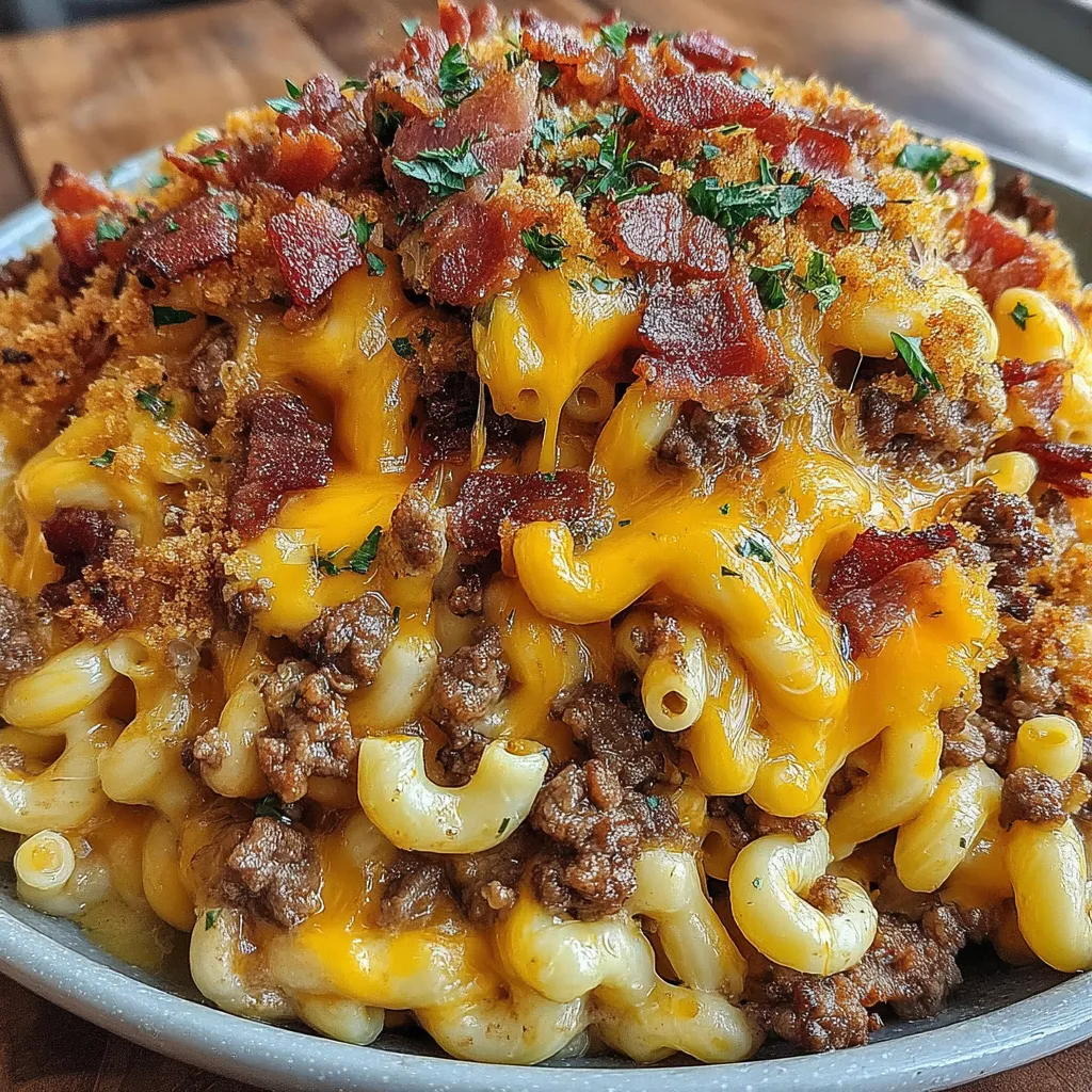 A plate of food with a cheeseburger mac and cheese casserole.