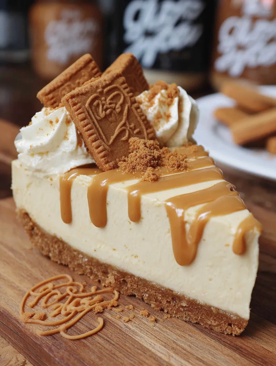 A slice of No-Bake-Biscoff-Cheesecake with caramel drizzle.