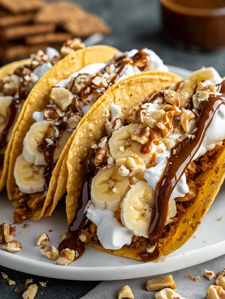 A plate of tacos with bananas and caramel.