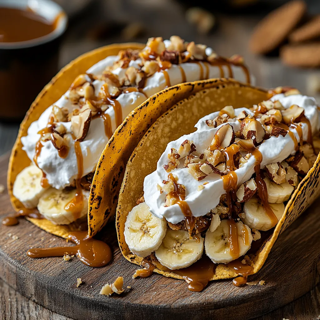 Two tacos with bananas and caramel drizzle.