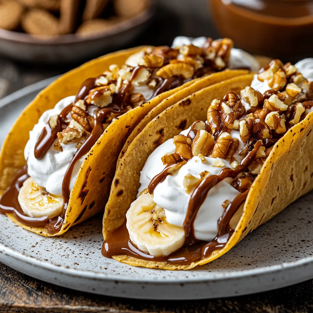 Two tacos with bananas and caramel.