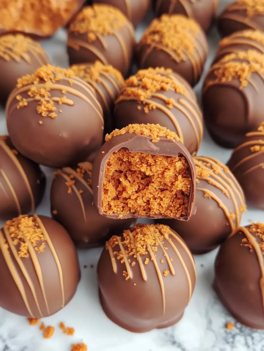 A close up of a chocolate truffle with a piece of biscuit in it.