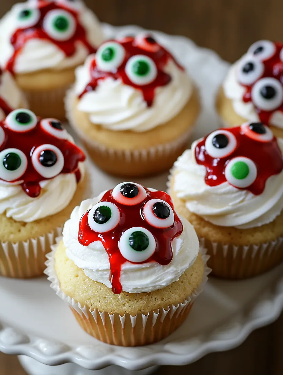 Halloween cupcakes with green eyes and red frosting.