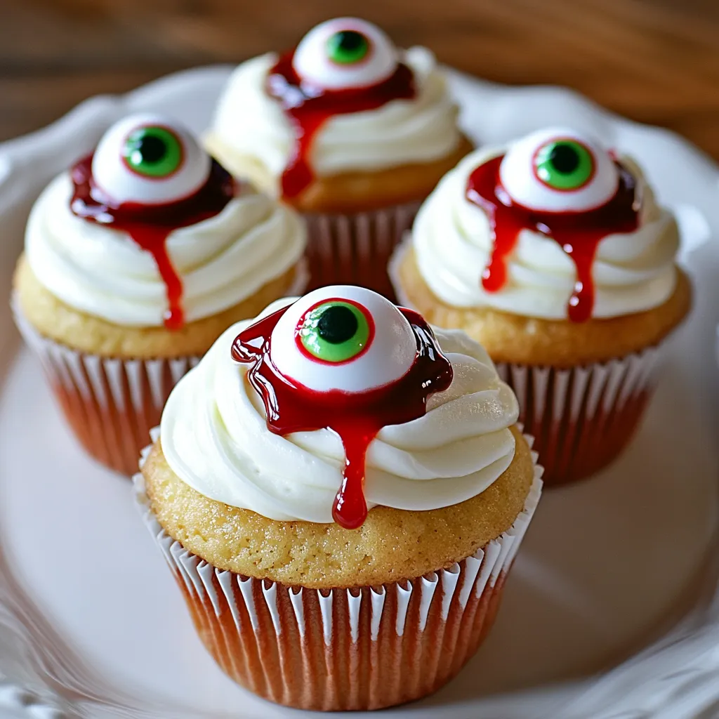 Halloween cupcakes with red frosting and green eyes.