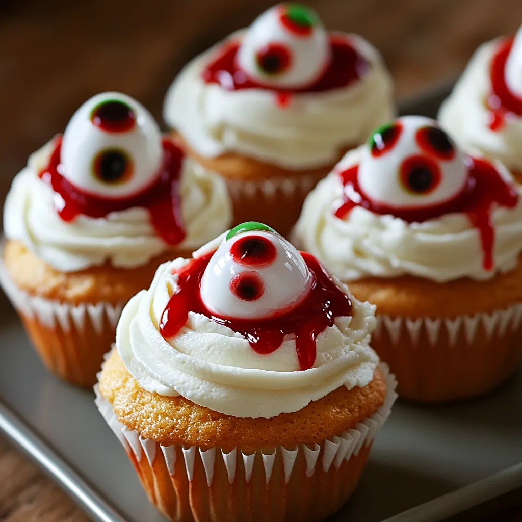 Halloween cupcakes with red frosting and eyes.