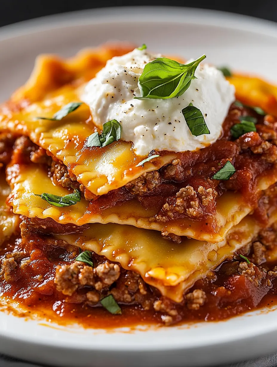 A stack of lasagna with white cheese on top.