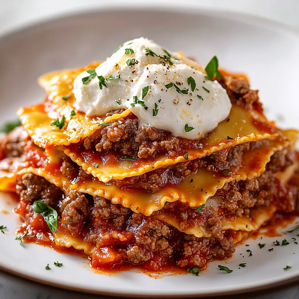 A plate of lasagna with white cheese on top.