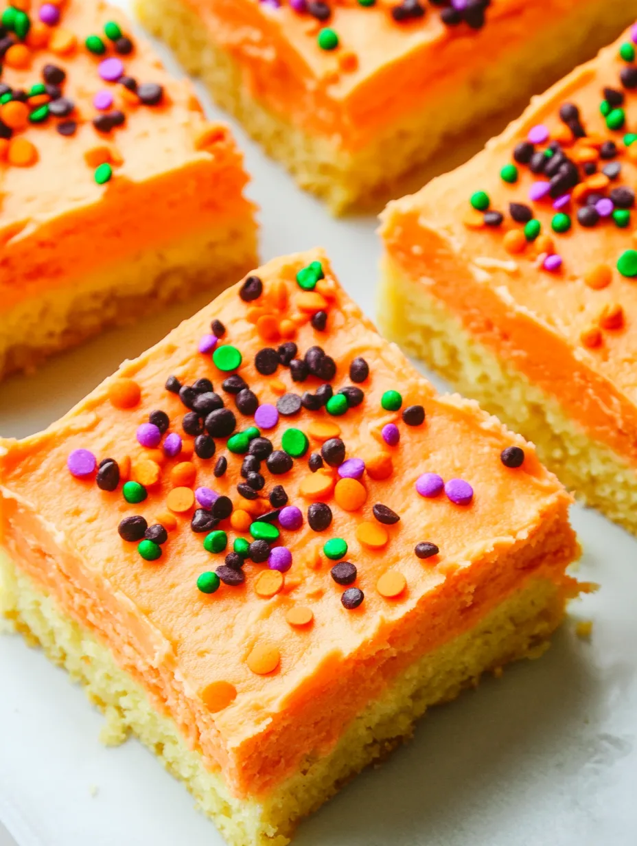 Orange and brown frosted sugar cookie bars with chocolate chips.