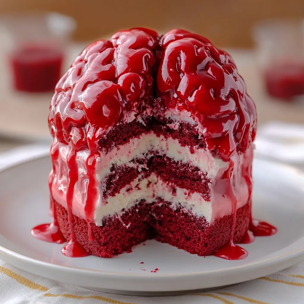 A cake with red frosting and white cream.