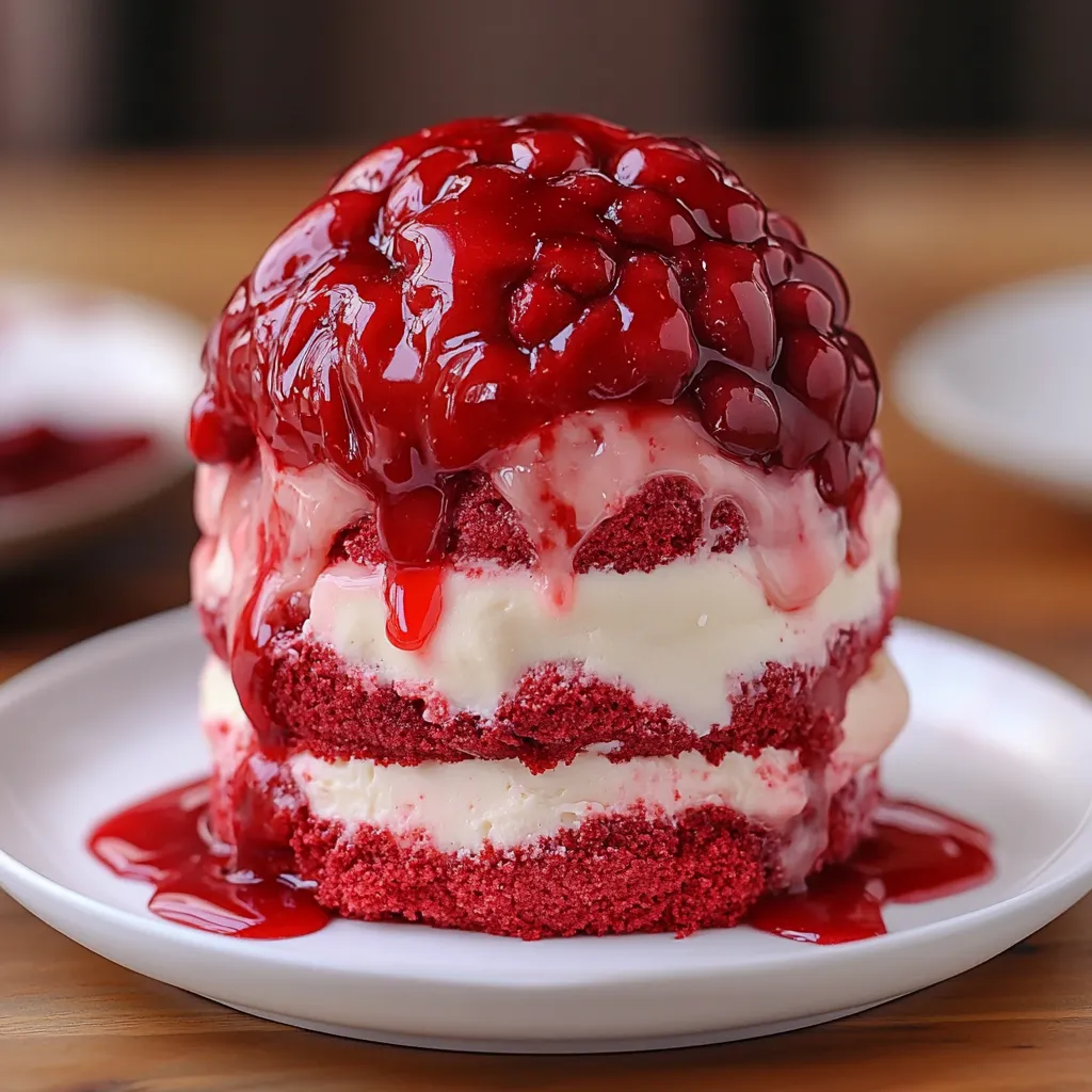 A red velvet cake with white frosting and red raspberries.