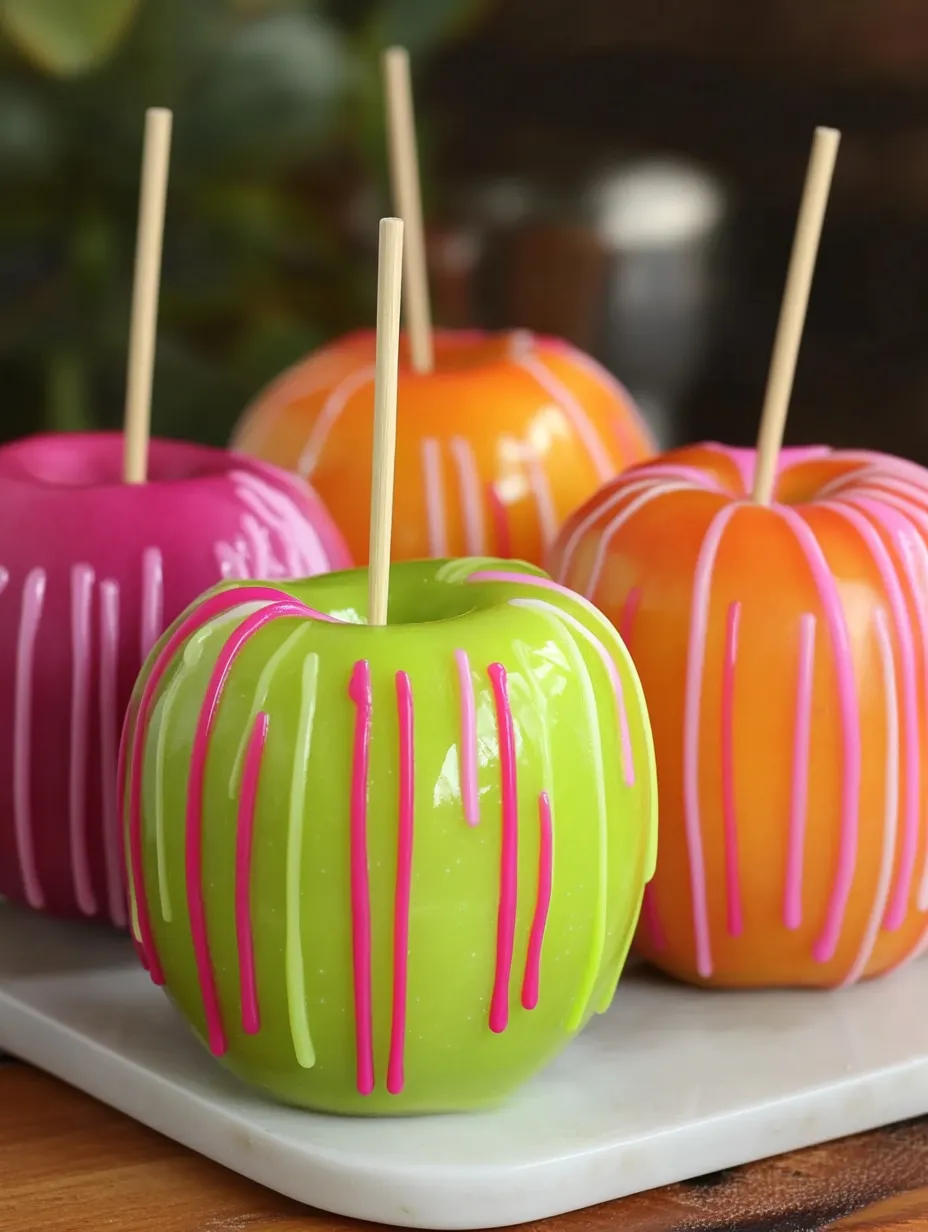 Green, yellow, and orange striped candy apples.